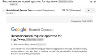 Demande de réexamen approuvée par Google (message)