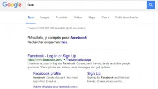 Résultats corrigés par Google pour Facebook (avec la requête "face")